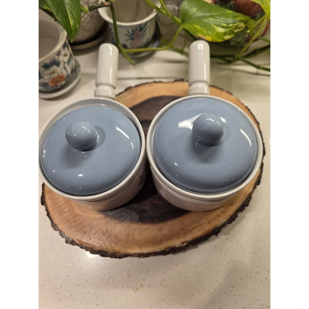 2 Heritage Stoneware Soup Bowl W/Handle Lid Crock Jay Porcelain Flowers